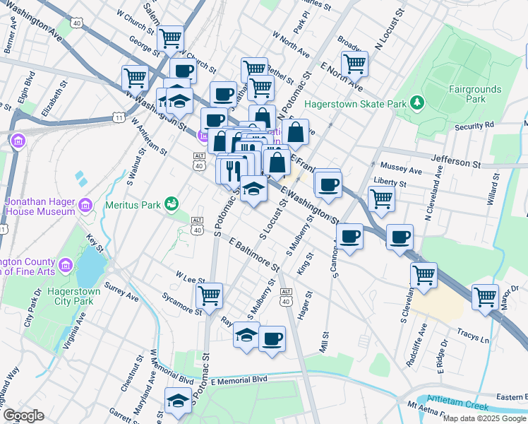 map of restaurants, bars, coffee shops, grocery stores, and more near 56 East Antietam Street in Hagerstown