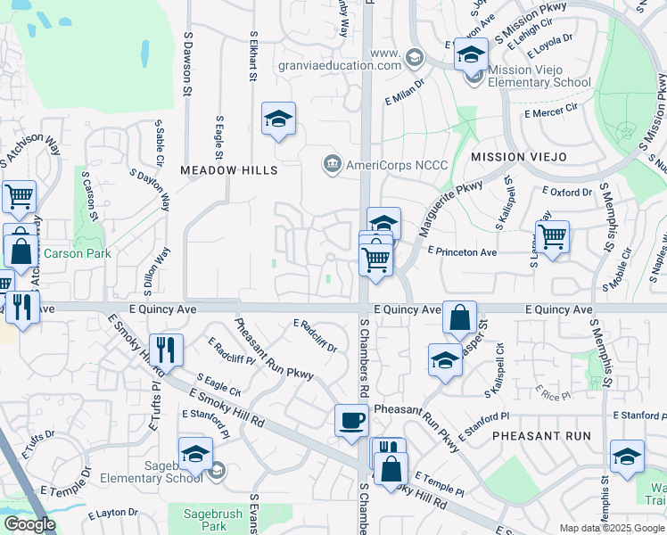 map of restaurants, bars, coffee shops, grocery stores, and more near 4154 South Granby Circle in Aurora