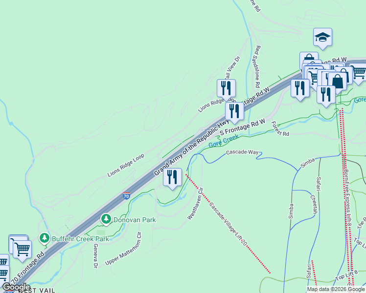 map of restaurants, bars, coffee shops, grocery stores, and more near 1265 North Frontage Road West in Vail