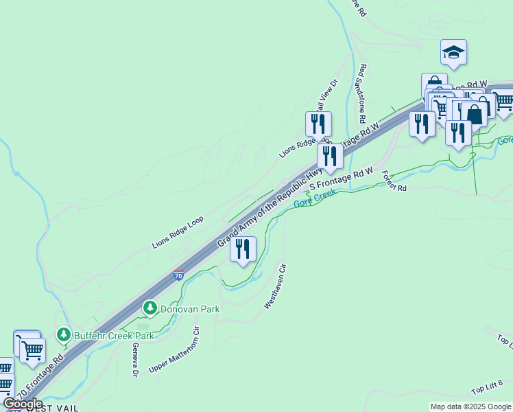 map of restaurants, bars, coffee shops, grocery stores, and more near 1265 North Frontage Road West in Vail