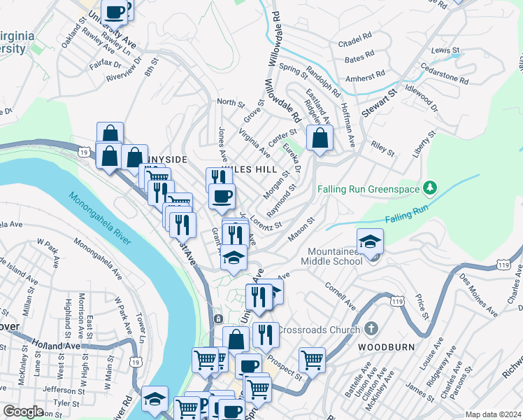 map of restaurants, bars, coffee shops, grocery stores, and more near 420 Morgan Street in Morgantown