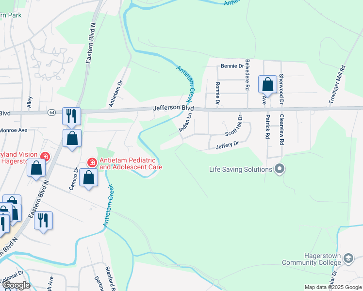 map of restaurants, bars, coffee shops, grocery stores, and more near Indian Lane in Hagerstown