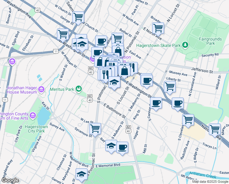 map of restaurants, bars, coffee shops, grocery stores, and more near 41 East Antietam Street in Hagerstown