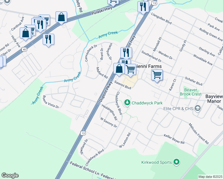 map of restaurants, bars, coffee shops, grocery stores, and more near 8 West Sussex Place in New Castle