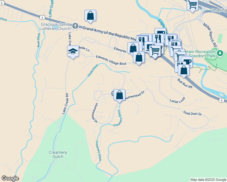map of restaurants, bars, coffee shops, grocery stores, and more near 37 Castle Peak Lane in Edwards
