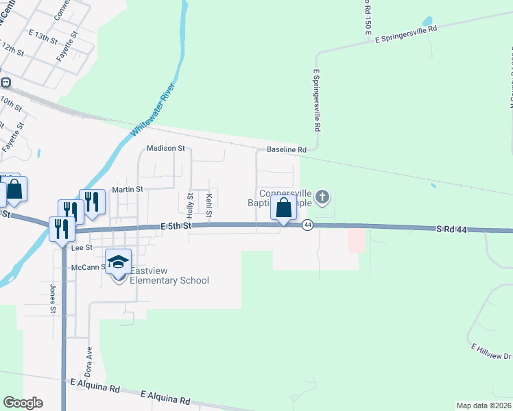 map of restaurants, bars, coffee shops, grocery stores, and more near 135 Fiant Street in Connersville