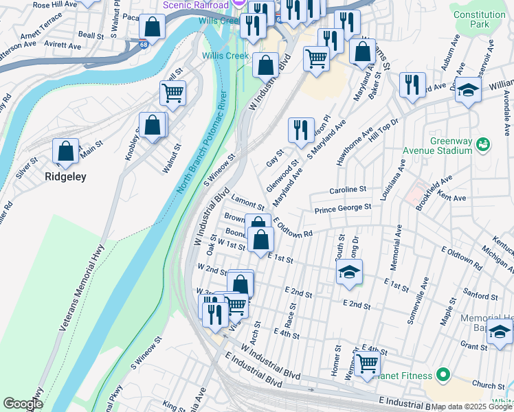map of restaurants, bars, coffee shops, grocery stores, and more near 58 Lamont Street in Cumberland