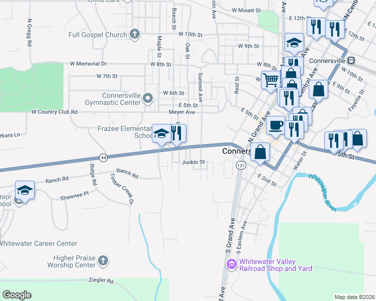 map of restaurants, bars, coffee shops, grocery stores, and more near 431 West 3rd Street in Connersville