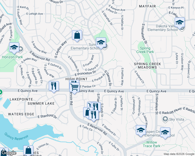 map of restaurants, bars, coffee shops, grocery stores, and more near 19728 East Princeton Place in Aurora