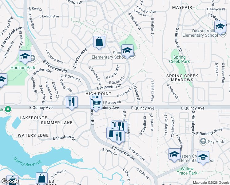 map of restaurants, bars, coffee shops, grocery stores, and more near 19593 East Princeton Place in Aurora