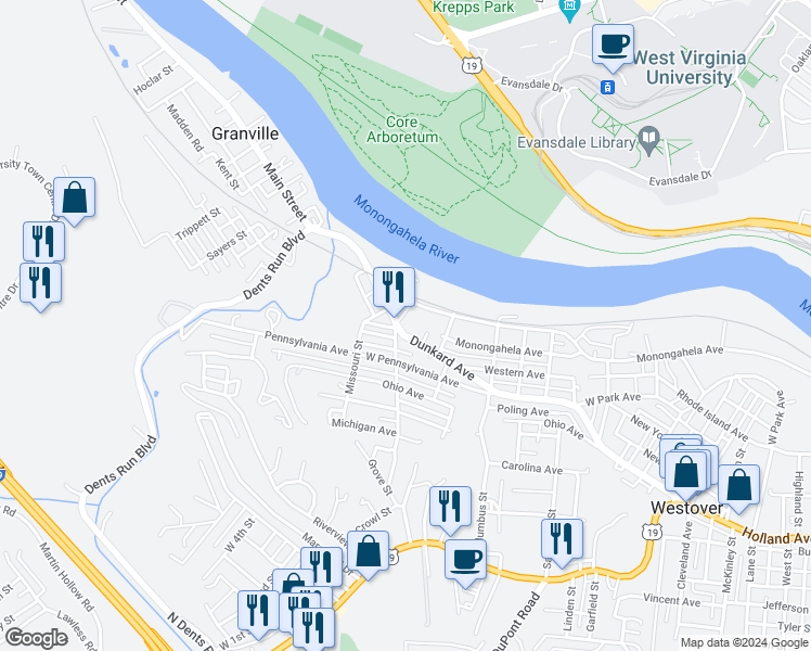 map of restaurants, bars, coffee shops, grocery stores, and more near 16 Garrison Street in Westover
