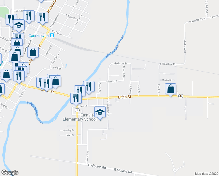 map of restaurants, bars, coffee shops, grocery stores, and more near 136 North Fountain Street in Connersville