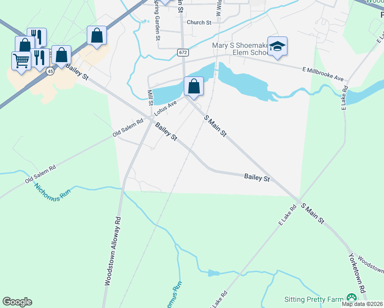 map of restaurants, bars, coffee shops, grocery stores, and more near 371 Bailey Street in Woodstown