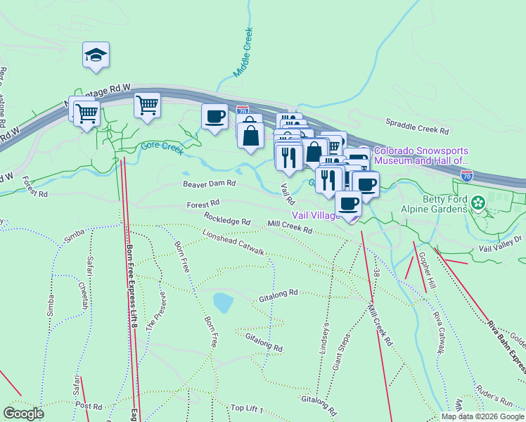 map of restaurants, bars, coffee shops, grocery stores, and more near 115 Forest Road in Vail