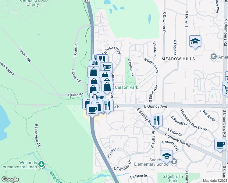 map of restaurants, bars, coffee shops, grocery stores, and more near 13950 East Oxford Place in Aurora