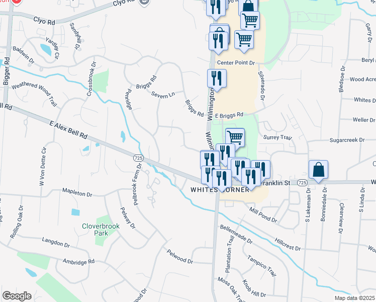 map of restaurants, bars, coffee shops, grocery stores, and more near 2580 Hingham Lane in Dayton