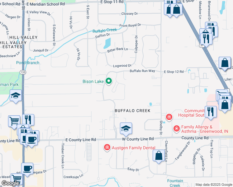 map of restaurants, bars, coffee shops, grocery stores, and more near 8622 Bison Lake Drive in Indianapolis