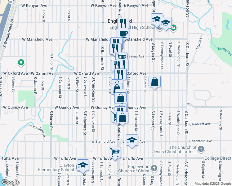 map of restaurants, bars, coffee shops, grocery stores, and more near 4195 South Broadway in Englewood