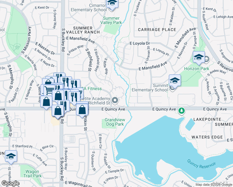 map of restaurants, bars, coffee shops, grocery stores, and more near 4273 South Salida Way in Aurora
