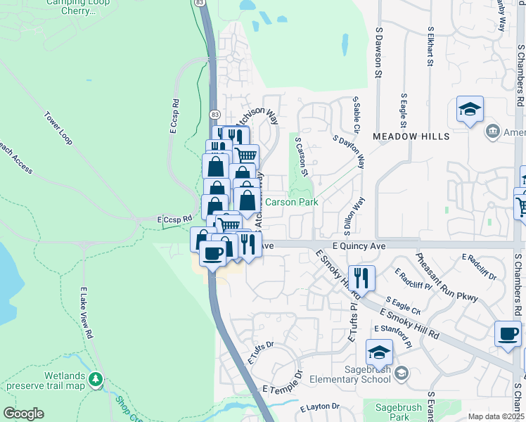 map of restaurants, bars, coffee shops, grocery stores, and more near 13950 East Oxford Place in Aurora