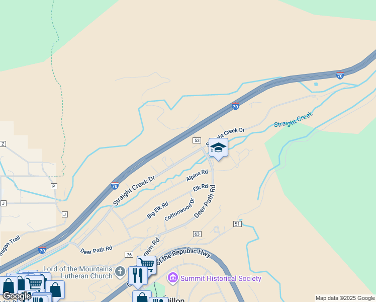 map of restaurants, bars, coffee shops, grocery stores, and more near 675 Straight Creek Drive in Dillon