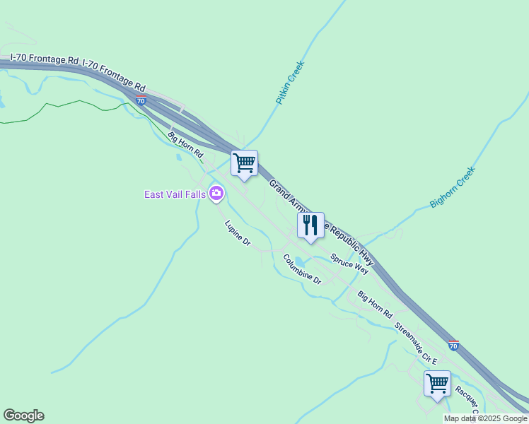 map of restaurants, bars, coffee shops, grocery stores, and more near 4093 Spruce Way in Vail
