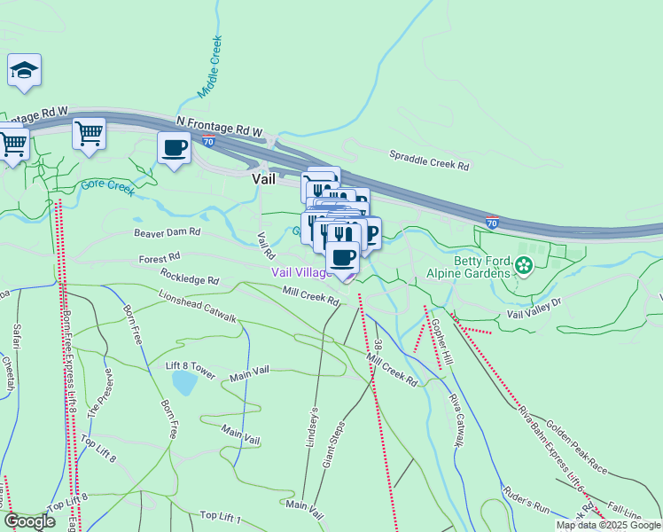 map of restaurants, bars, coffee shops, grocery stores, and more near 149 Gore Creek Drive in Vail