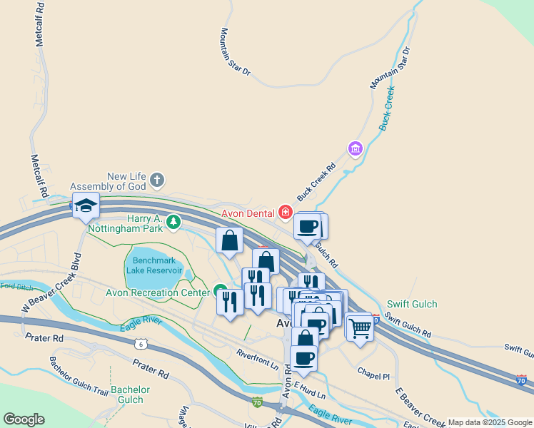 map of restaurants, bars, coffee shops, grocery stores, and more near 220 Nottingham Road in Avon