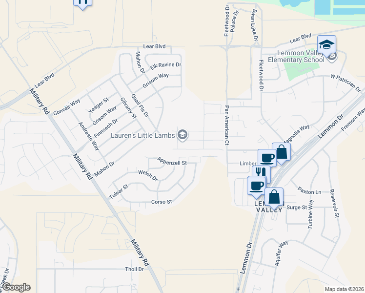 map of restaurants, bars, coffee shops, grocery stores, and more near 8876 Mahon Drive in Reno