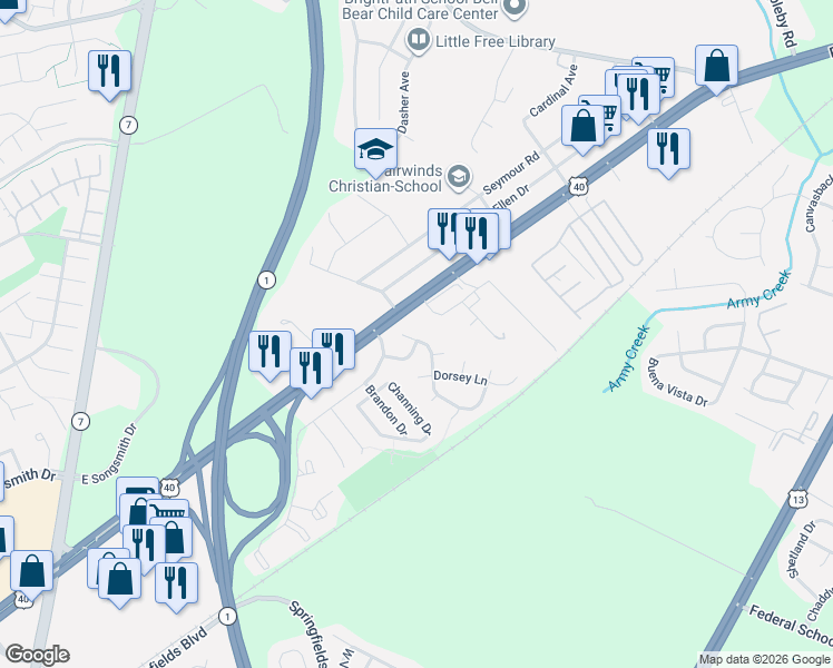 map of restaurants, bars, coffee shops, grocery stores, and more near 392 Robin Drive in Bear