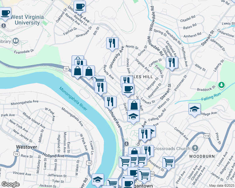 map of restaurants, bars, coffee shops, grocery stores, and more near 306 Grant Avenue in Morgantown
