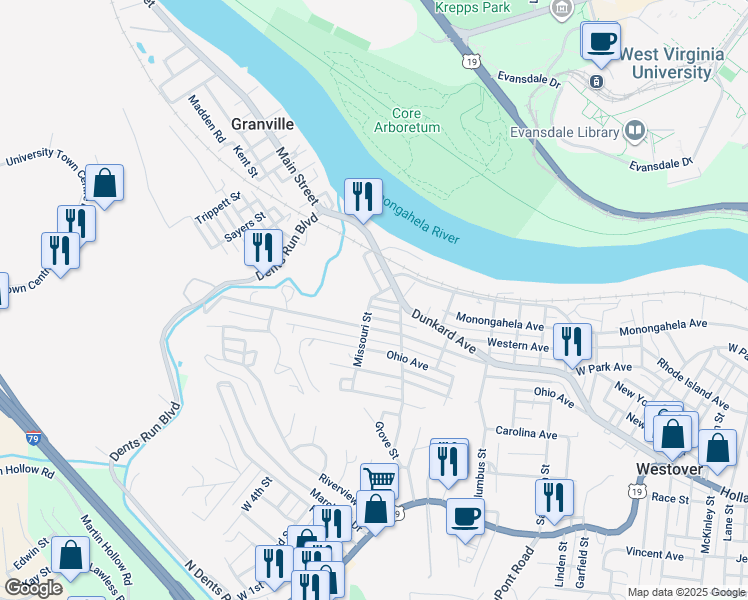 map of restaurants, bars, coffee shops, grocery stores, and more near Missouri St in Westover