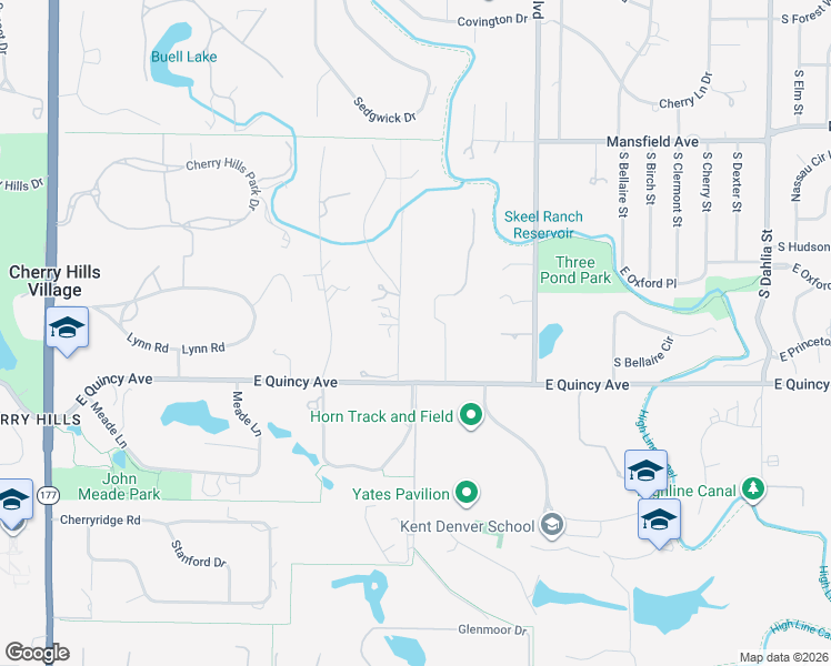 map of restaurants, bars, coffee shops, grocery stores, and more near 7 South Vista Road in Cherry Hills Village