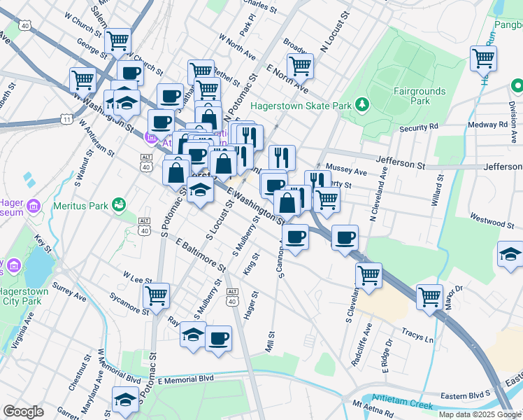 map of restaurants, bars, coffee shops, grocery stores, and more near East Washington Street in Hagerstown