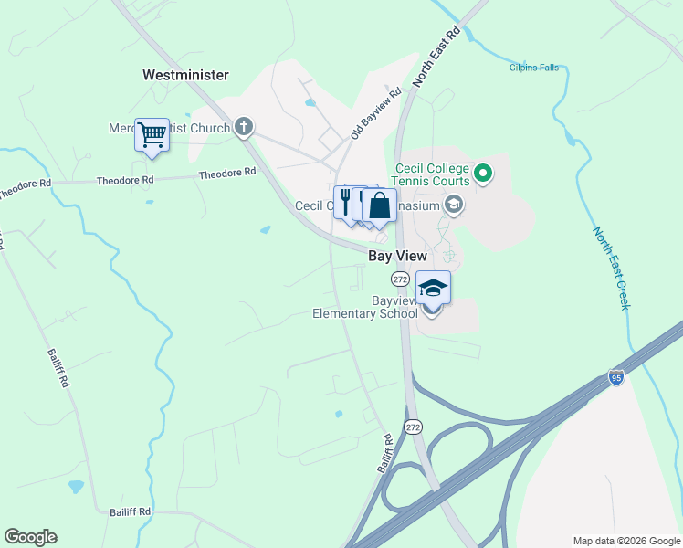 map of restaurants, bars, coffee shops, grocery stores, and more near 256 Old Bayview Road in North East
