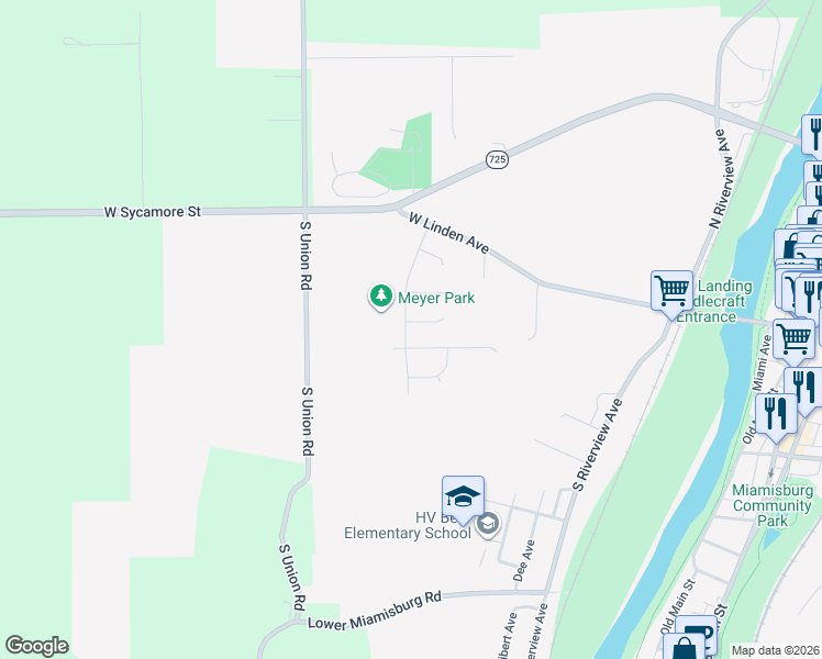 map of restaurants, bars, coffee shops, grocery stores, and more near 402 Overland Trail in Miamisburg