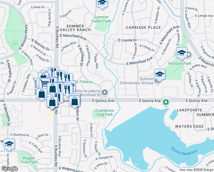 map of restaurants, bars, coffee shops, grocery stores, and more near 4271 South Salida Way in Aurora