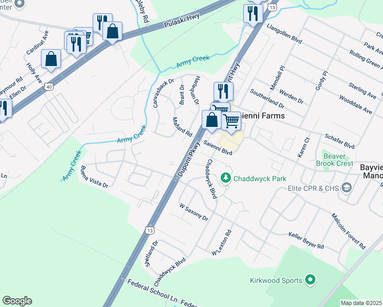 map of restaurants, bars, coffee shops, grocery stores, and more near U.S. 13 in New Castle