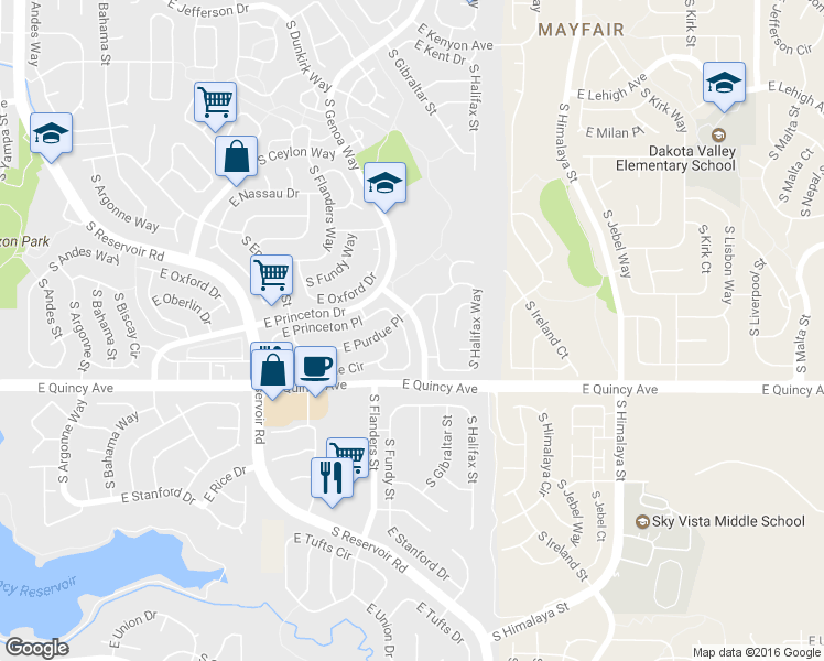 map of restaurants, bars, coffee shops, grocery stores, and more near 4212 South Fundy Way in Aurora