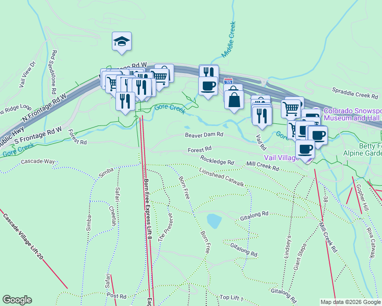 map of restaurants, bars, coffee shops, grocery stores, and more near 385 West Forest Road in Vail