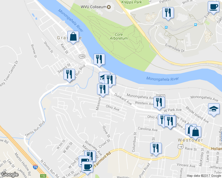 map of restaurants, bars, coffee shops, grocery stores, and more near 9 Garrison Street in Morgantown