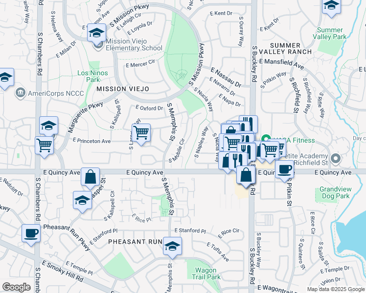 map of restaurants, bars, coffee shops, grocery stores, and more near 4198 South Mobile Circle in Aurora