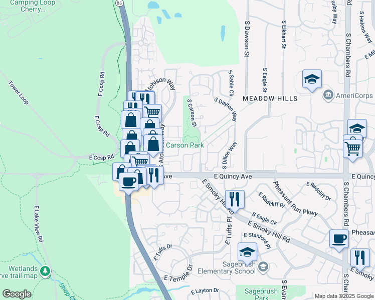 map of restaurants, bars, coffee shops, grocery stores, and more near 14064 East Princeton Place in Aurora