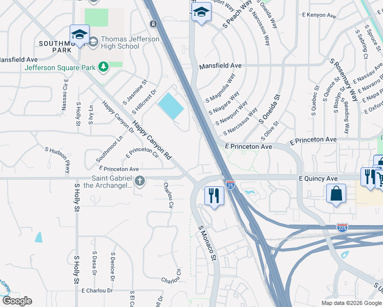 map of restaurants, bars, coffee shops, grocery stores, and more near 6495 East Happy Canyon Road in Denver
