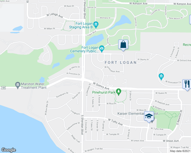 map of restaurants, bars, coffee shops, grocery stores, and more near 4193 South Zenobia Street in Denver