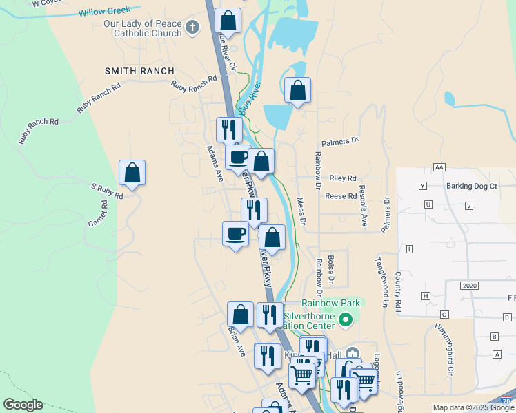 map of restaurants, bars, coffee shops, grocery stores, and more near 943 Blue River Parkway in Silverthorne