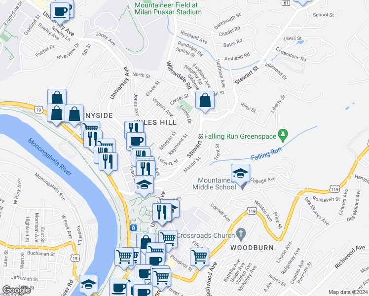 map of restaurants, bars, coffee shops, grocery stores, and more near 53 Highland Avenue in Morgantown