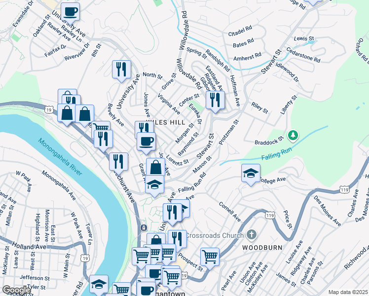 map of restaurants, bars, coffee shops, grocery stores, and more near 420 Morgan Street in Morgantown