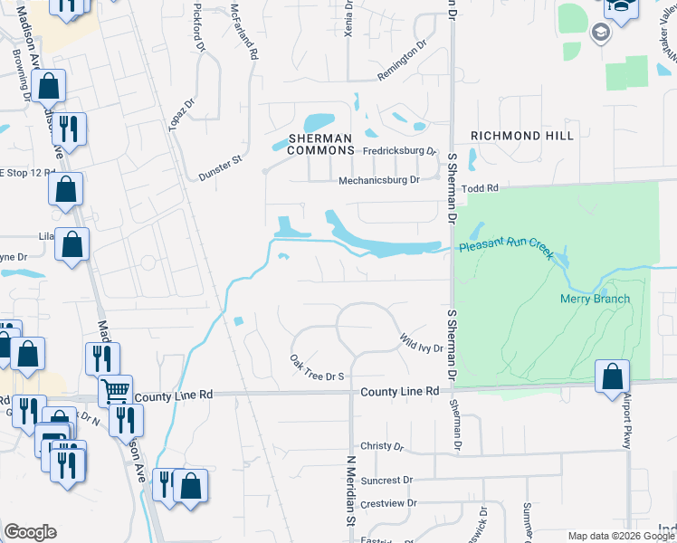 map of restaurants, bars, coffee shops, grocery stores, and more near 8651 Pleasant Creek Court in Indianapolis