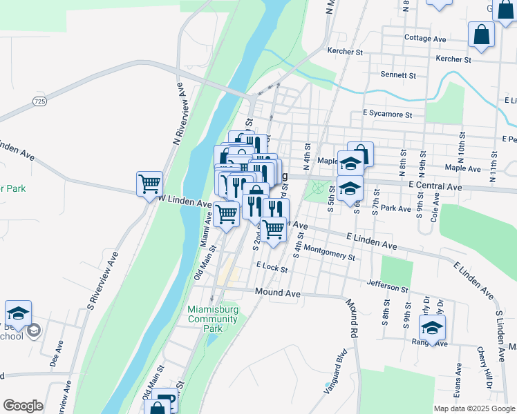 map of restaurants, bars, coffee shops, grocery stores, and more near 119 South 2nd Street in Miamisburg